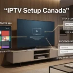 IPTV setup Canada showing a player app, provider credentials, and server address on a television