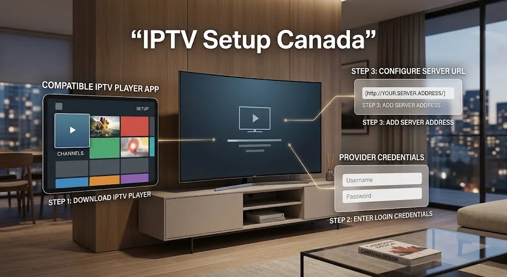 IPTV setup Canada showing a player app, provider credentials, and server address on a television