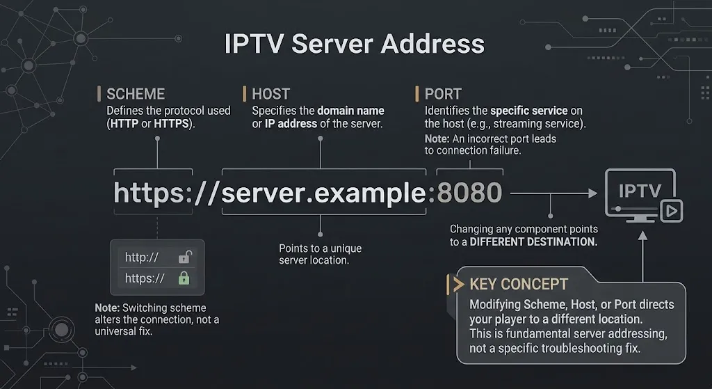 IPTV server address showing scheme host and port as separate parts of the connection address