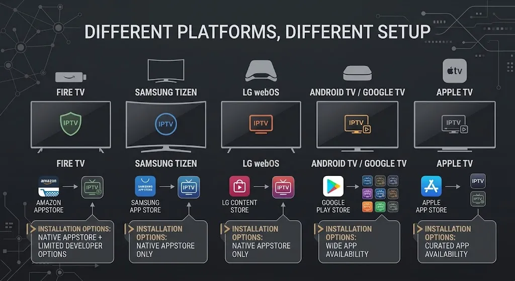 IPTV setup Canada across Fire TV, Samsung Tizen, LG webOS, Android TV, and Apple TV
