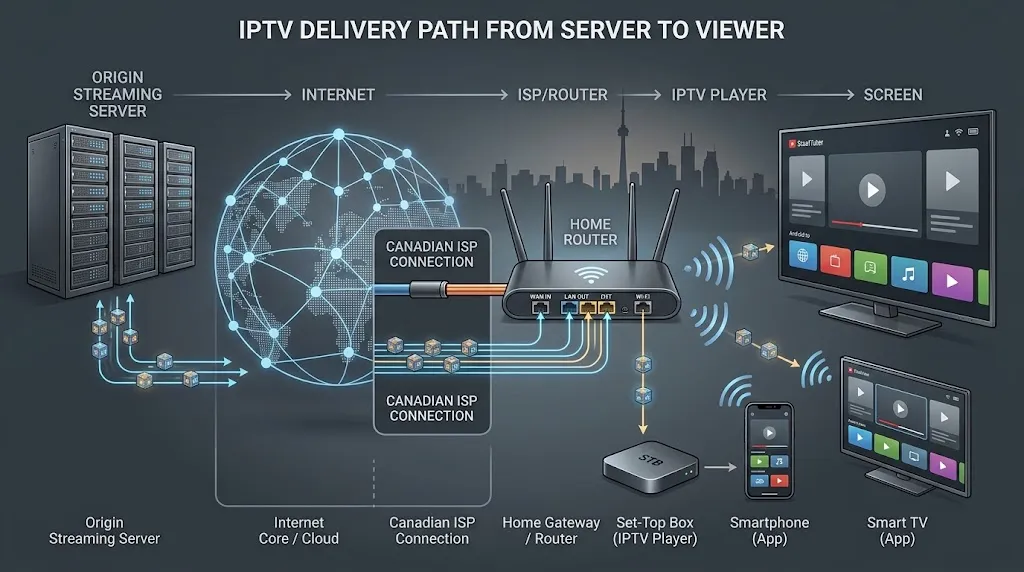 How IPTV delivers a stream from server to player and screen