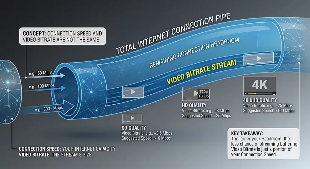 IPTV connection speed compared with video bitrate and network headroom for streaming