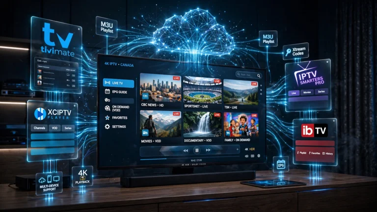 Best IPTV app Canada comparison featuring TiviMate, IPTV Smarters Pro, XCIPTV, and IBO Player across multiple devices