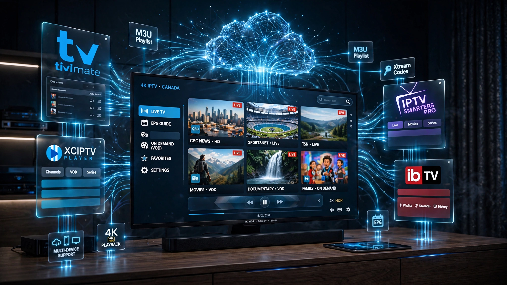 Best IPTV app Canada comparison featuring TiviMate, IPTV Smarters Pro, XCIPTV, and IBO Player across multiple devices
