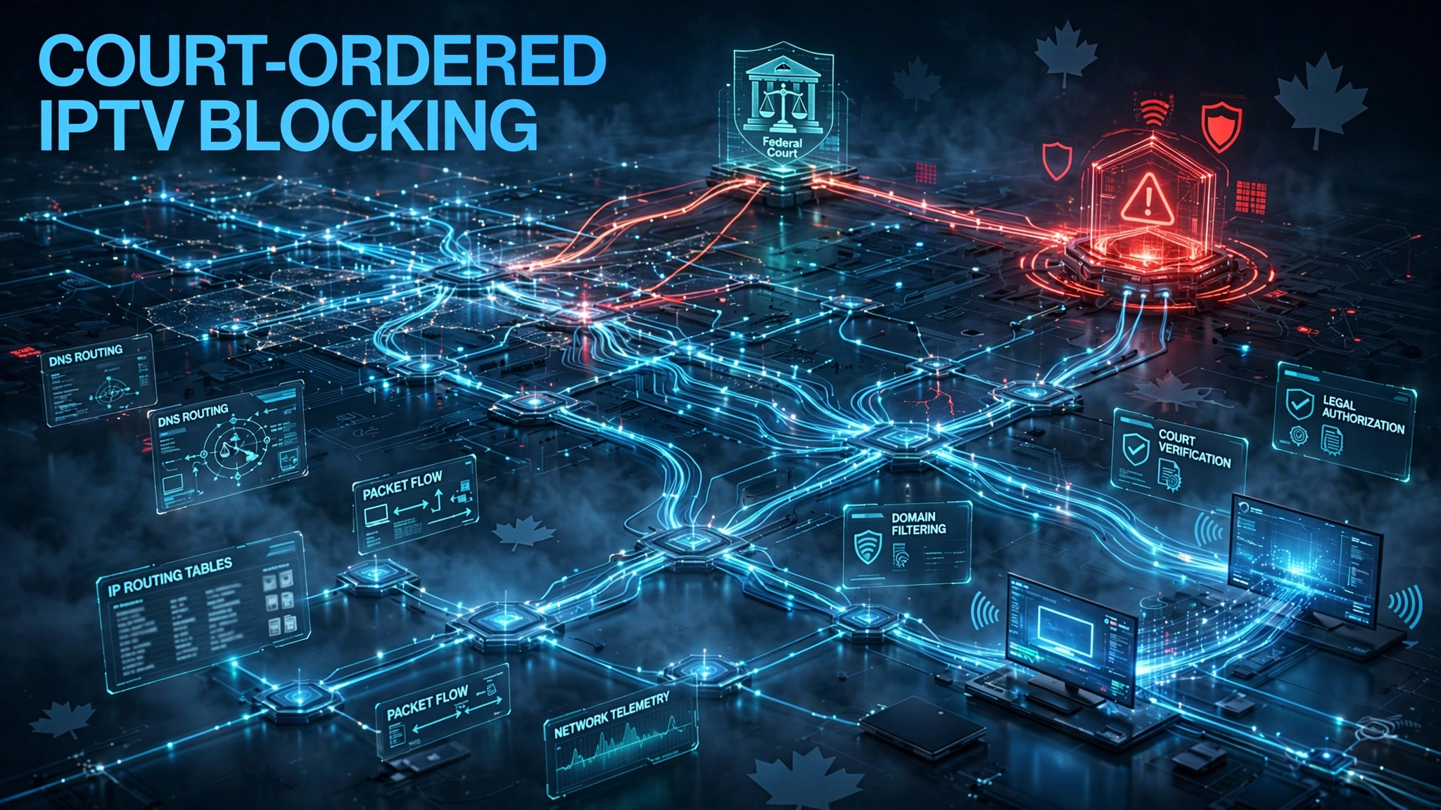 Canadian Federal Court IPTV blocking order showing specific blocked domains while other internet traffic continues normally