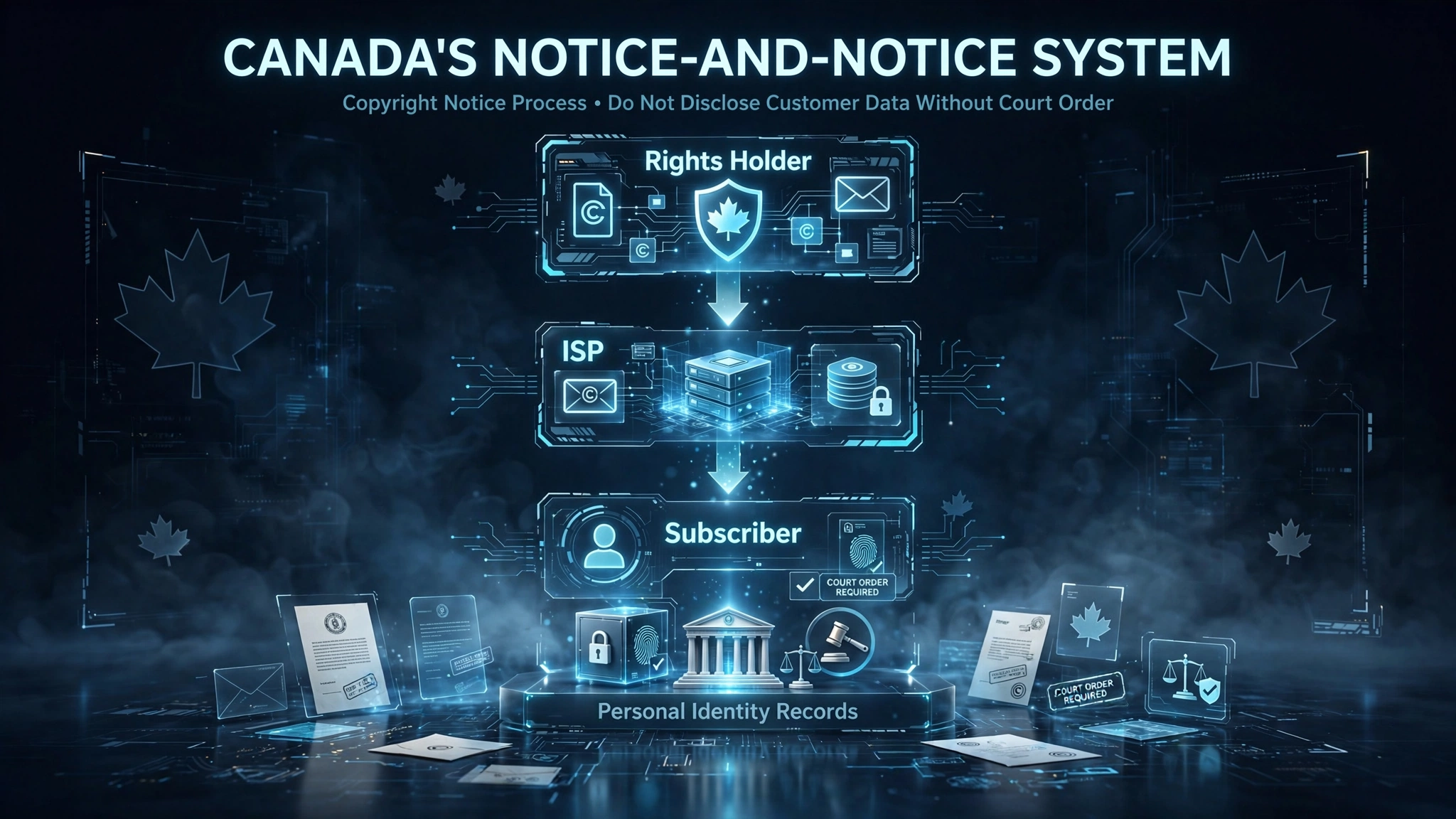 Canada notice-and-notice copyright process showing rights holder, ISP, subscriber, and court order protection