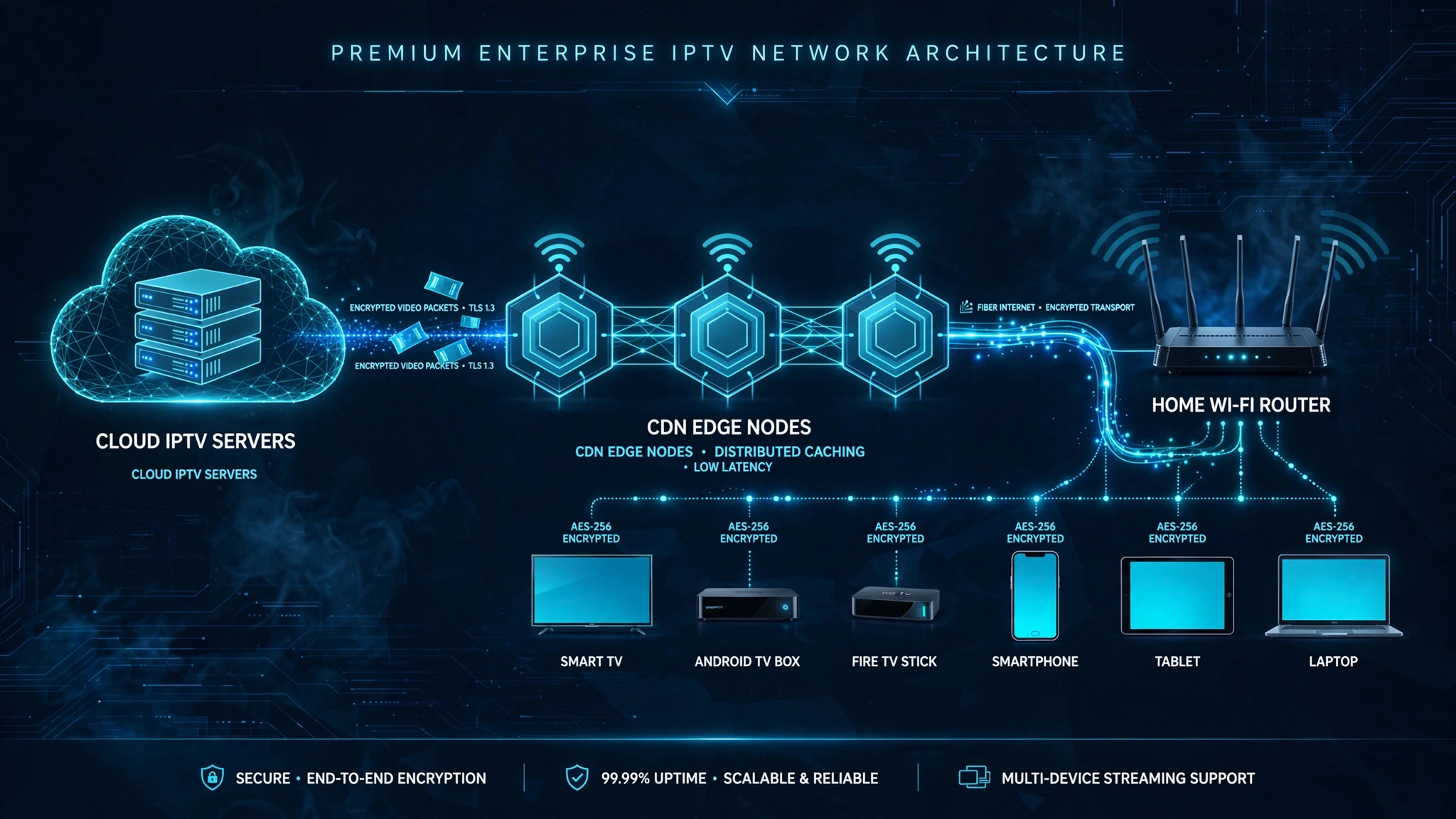 IPTV architecture diagram Canada showing server, CDN, internet router and streaming device data flow