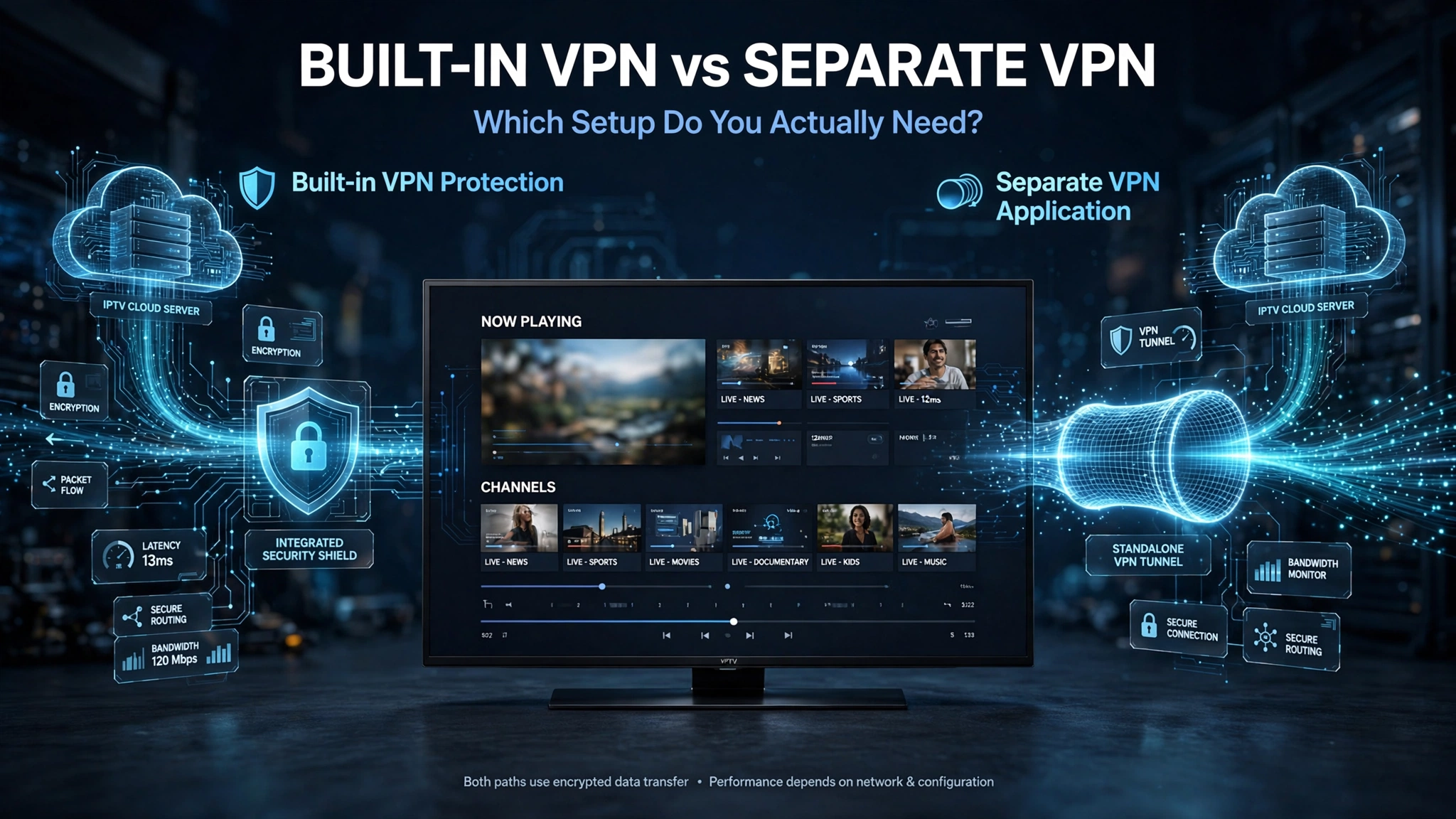 Built-in VPN vs separate VPN for IPTV in Canada showing two secure connection methods