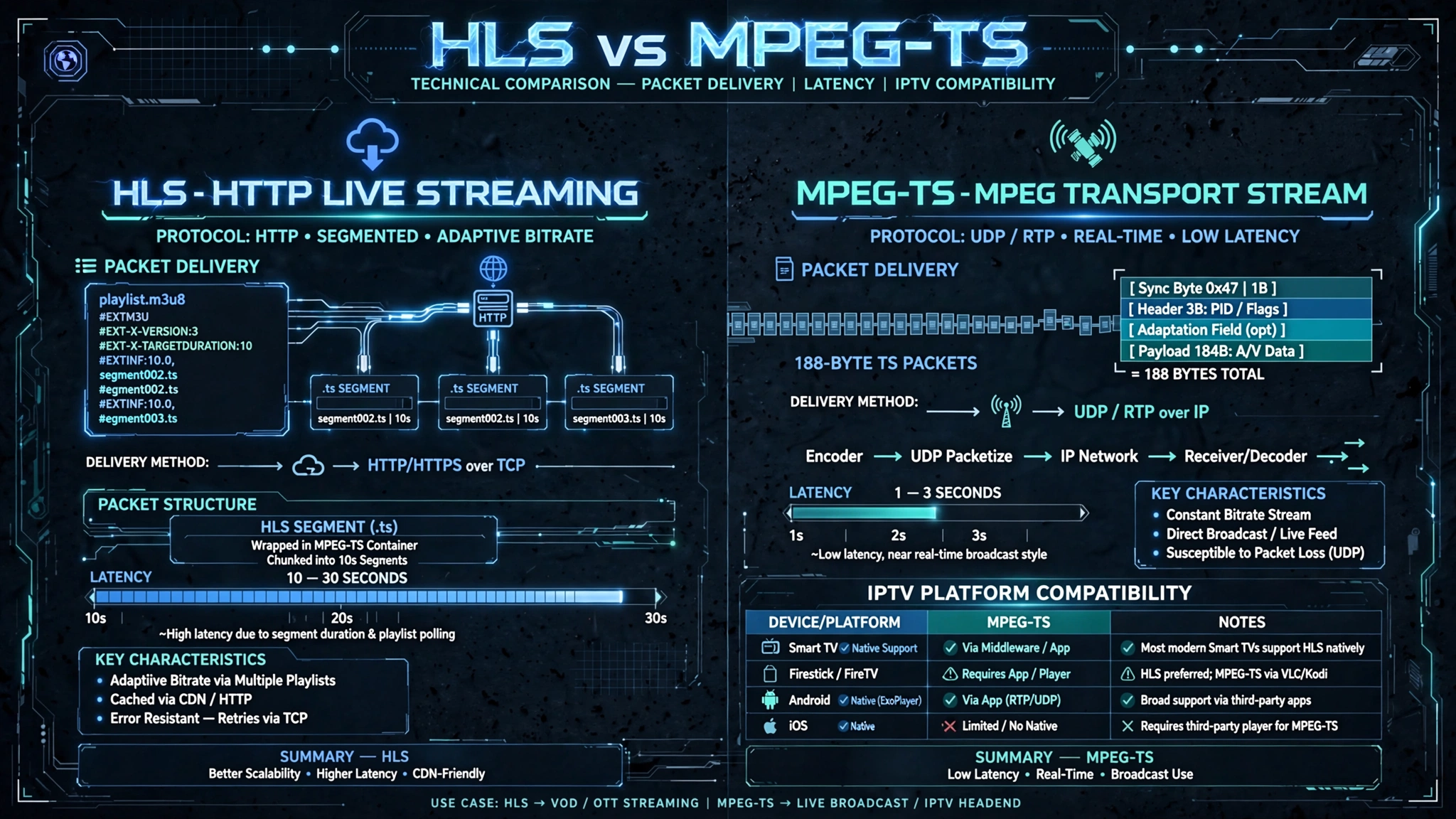 Technical comparison diagram of HLS and MPEG-TS IPTV streaming protocols.
