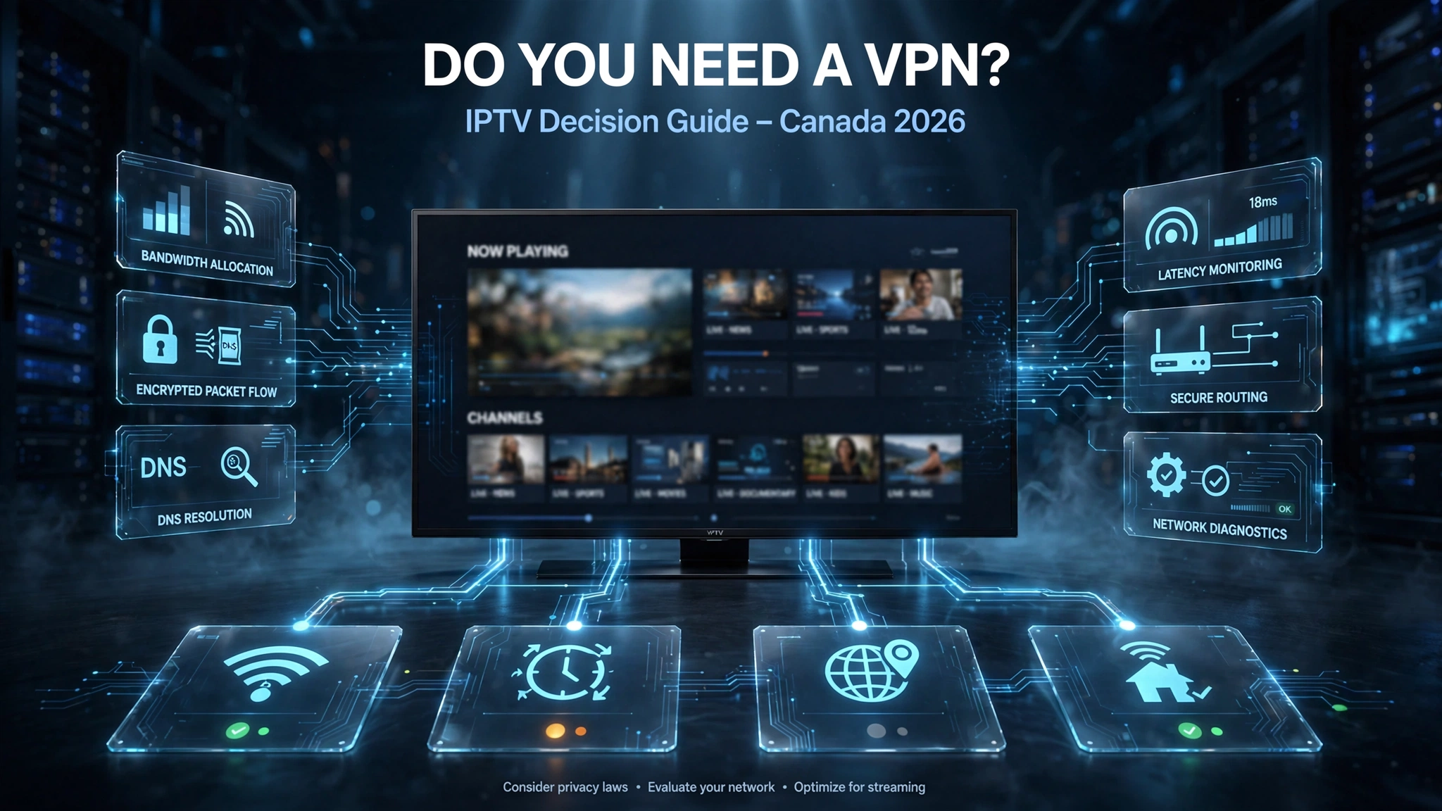 VPN decision tree for IPTV in Canada showing when a VPN is recommended, optional, or unnecessary