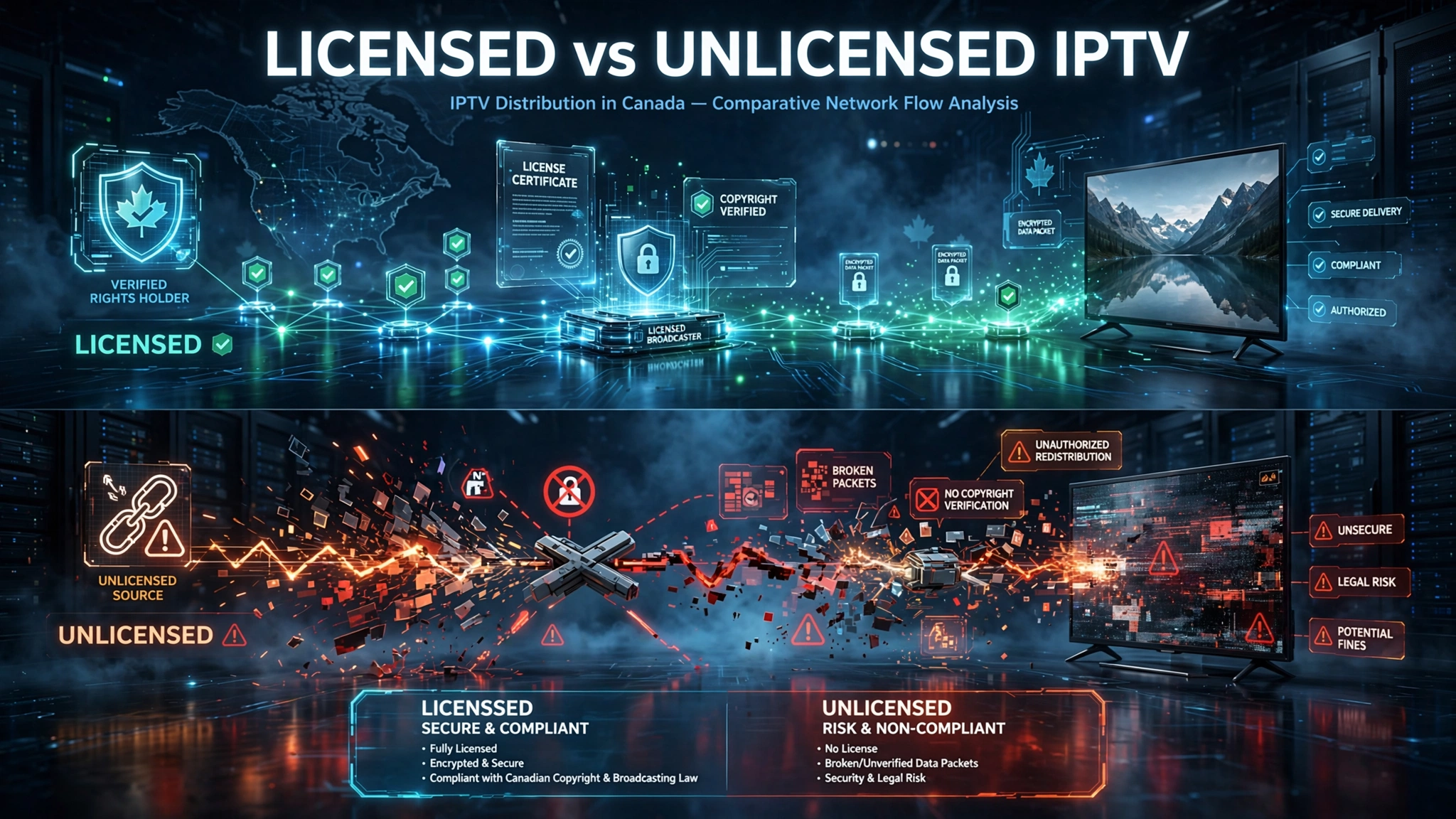 Licensed vs unlicensed IPTV distribution in Canada showing authorized and unauthorized content delivery paths