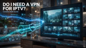 Do I Need a VPN for IPTV in Canada? Hero illustration showing a direct connection and an encrypted VPN tunnel to the same IPTV streaming interface