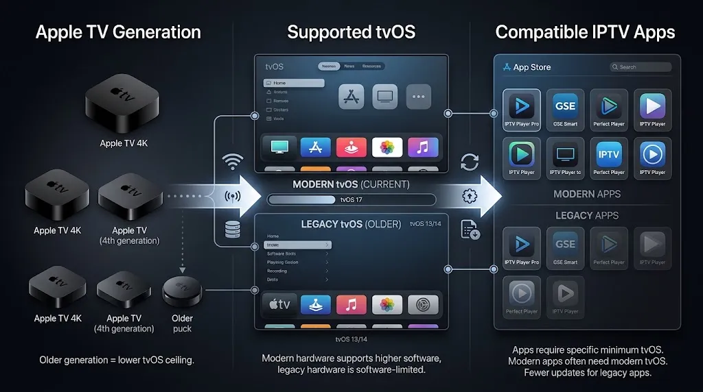Apple TV generation to tvOS version to App Store IPTV app compatibility chain