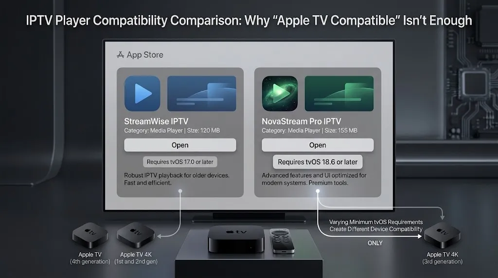 IPTV Player Live and iPlayTV showing different minimum tvOS requirements on Apple TV