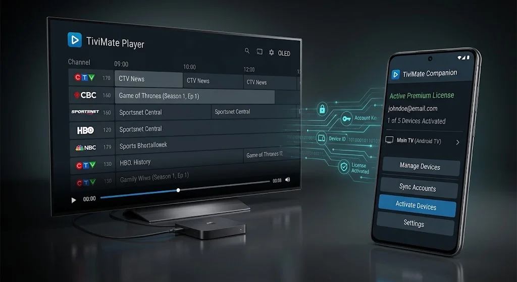 TiviMate Companion app managing Premium licence while TiviMate player runs on an Android TV device