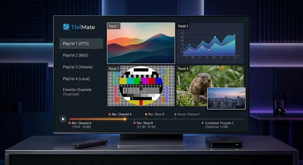 TiviMate free and premium IPTV player features represented through Android TV interface and multiple playlist management