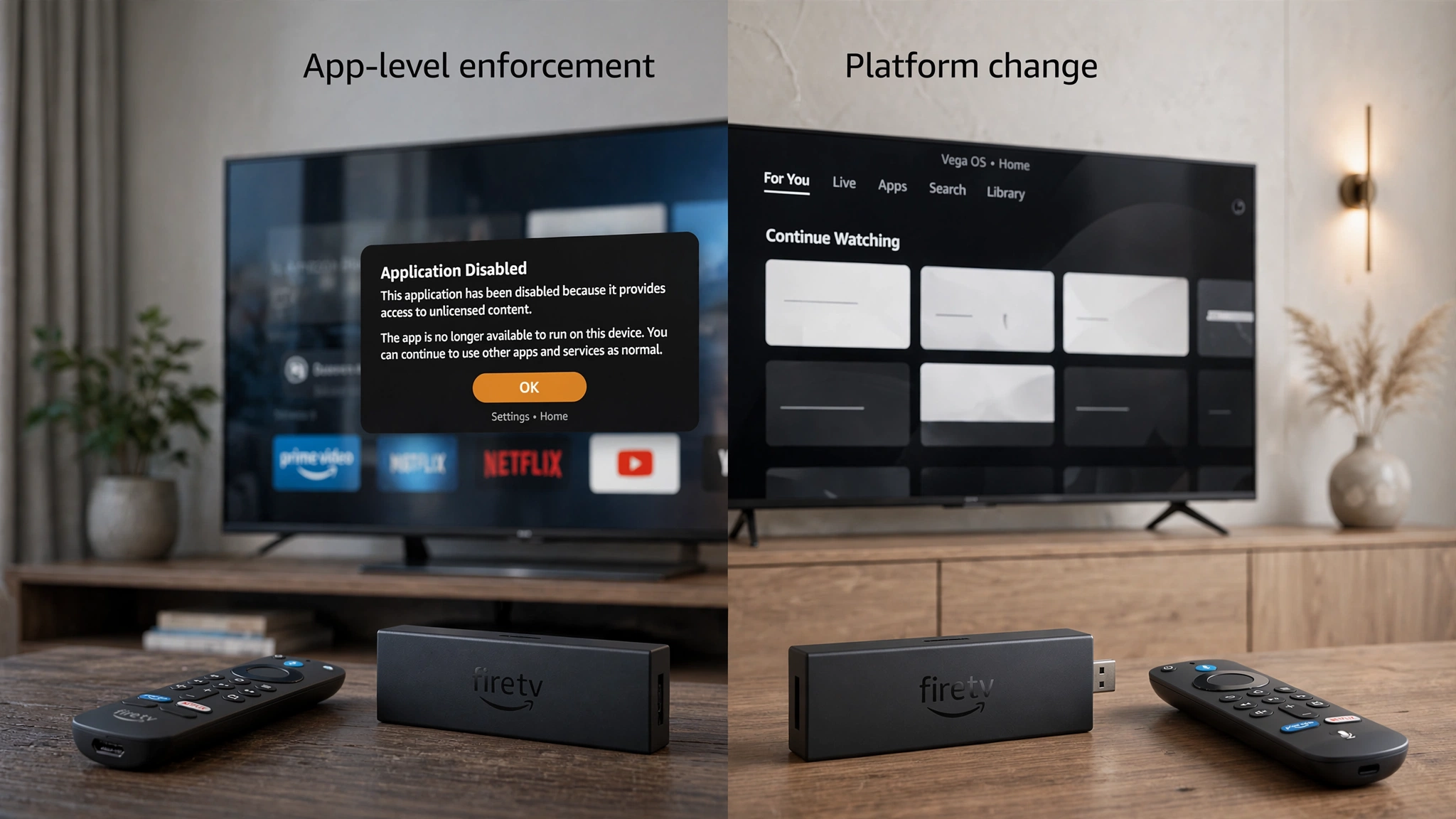 Amazon Firestick app enforcement versus Vega OS shown as two separate technology changes