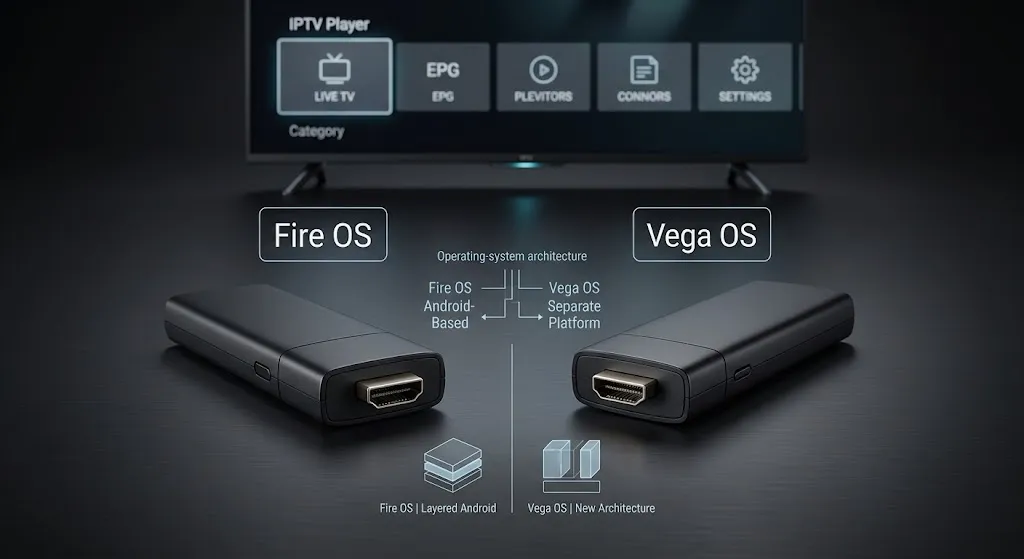 Fire OS and Vega OS streaming devices showing why IPTV app compatibility depends on the operating system