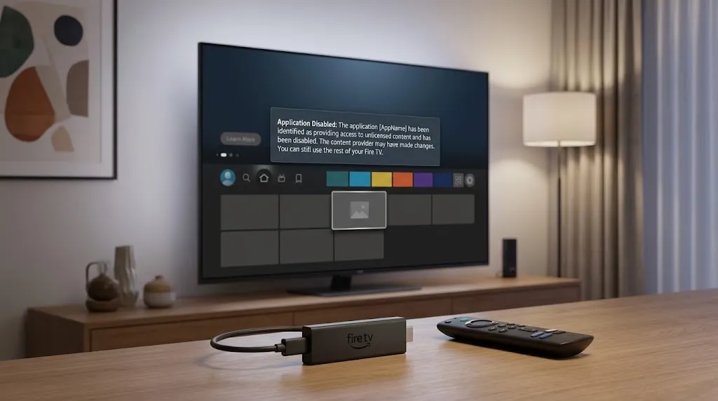 Fire TV Stick showing an app-disabled notification while the rest of the device interface remains functional
