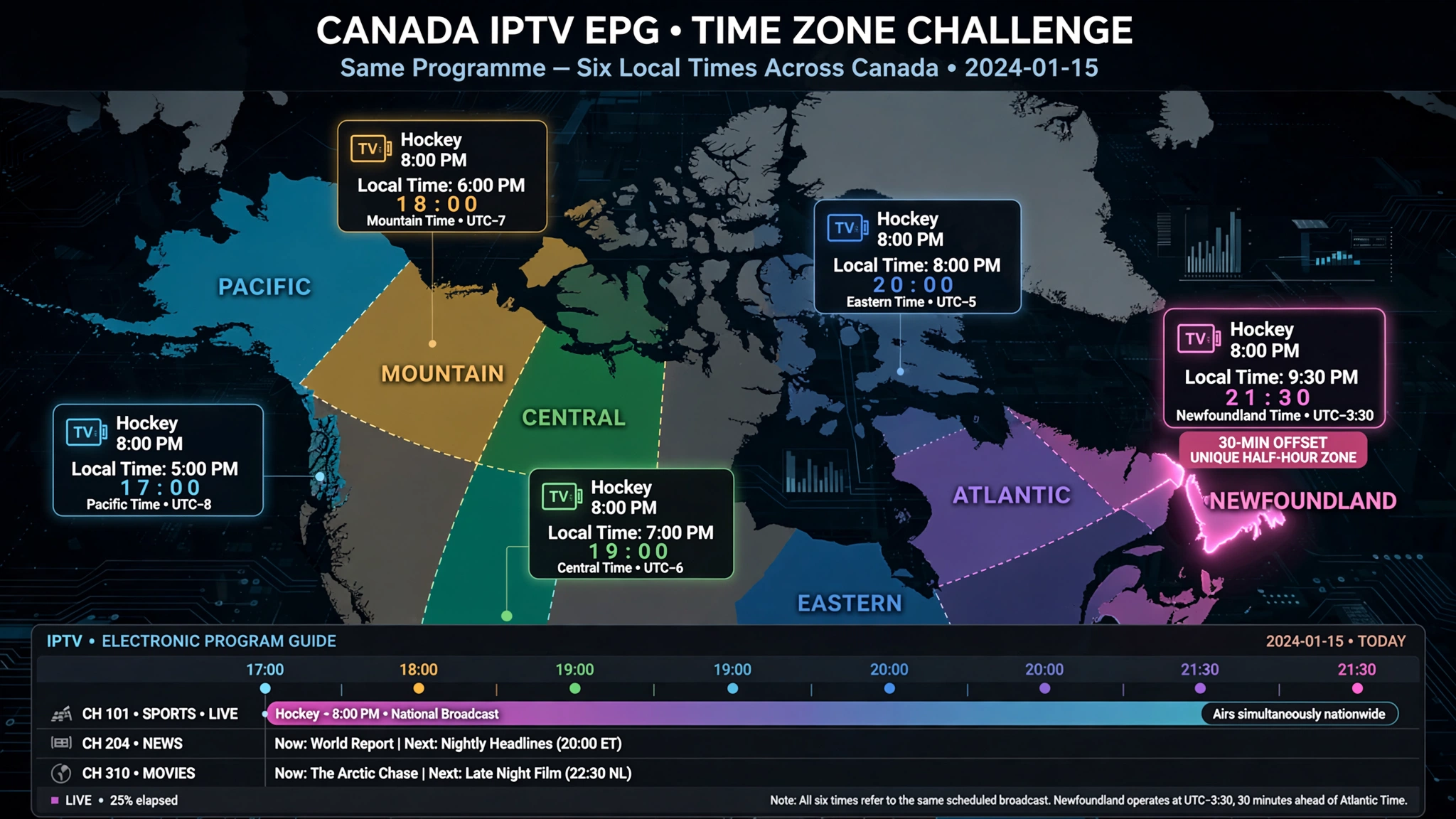 Canadian time zones and IPTV EPG offsets causing programme times to display incorrectly