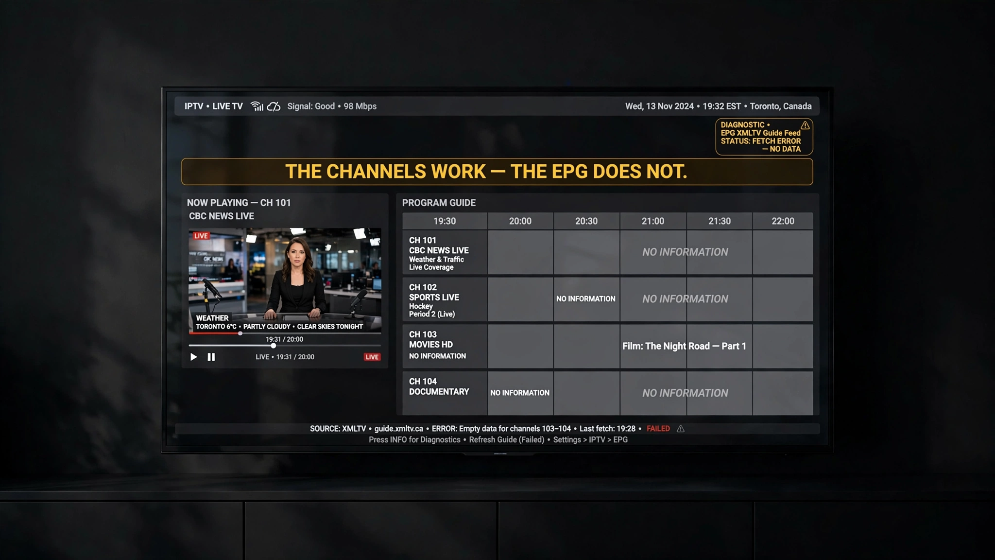 IPTV EPG not working in Canada with empty programme guide while channels keep playing