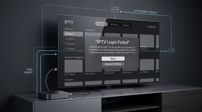 IPTV login failed error screen showing a technical authentication diagnostic on a streaming device