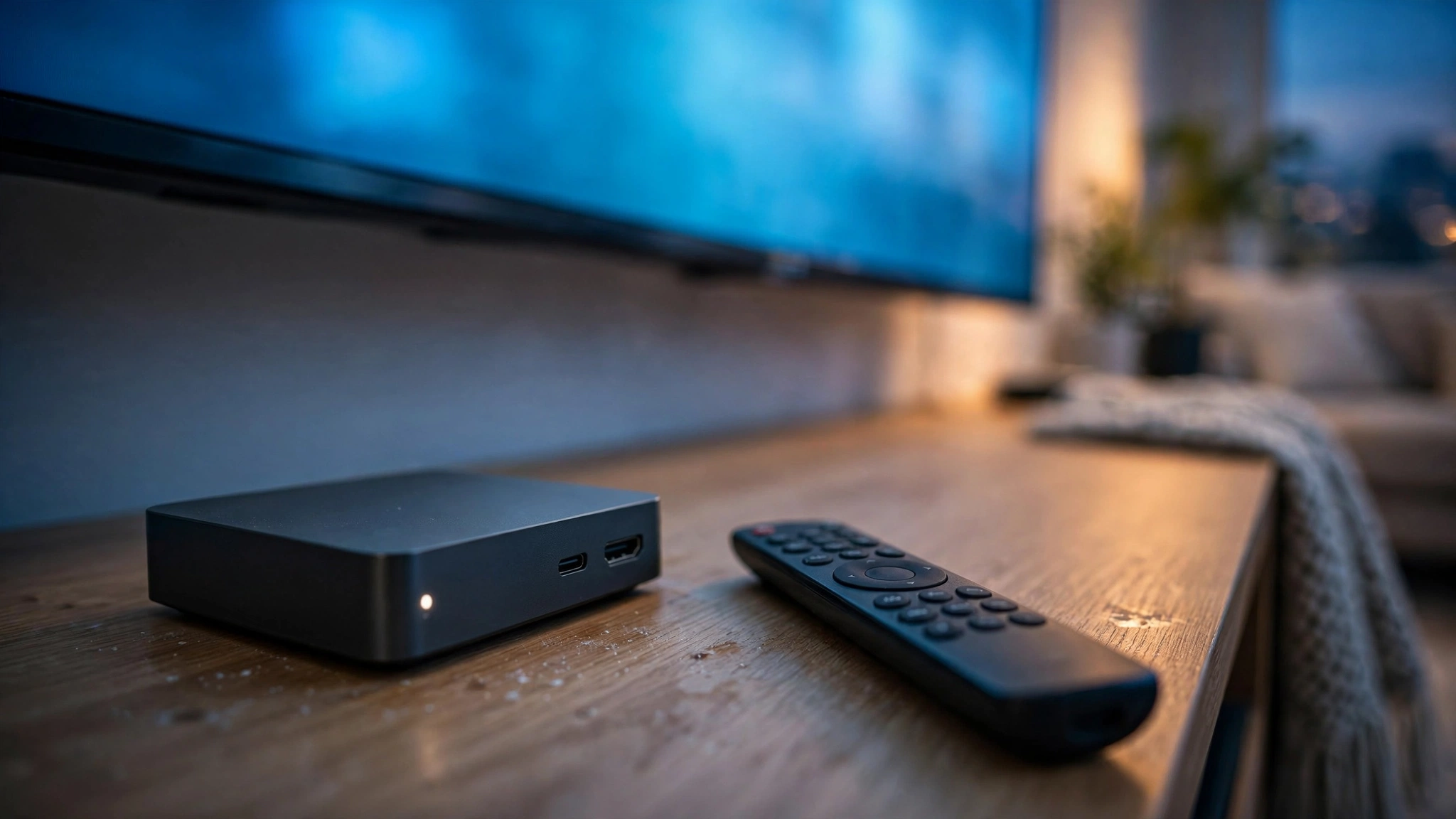 Streaming device and remote on a media console in a Canadian living room