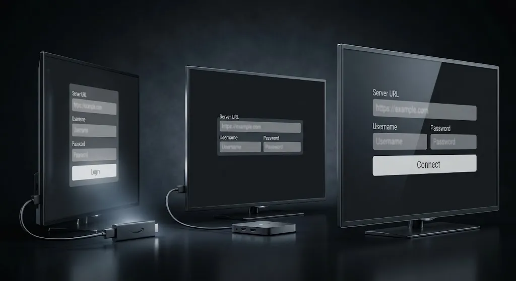 IPTV player showing Xtream login fields across TV streaming device and Android TV setup