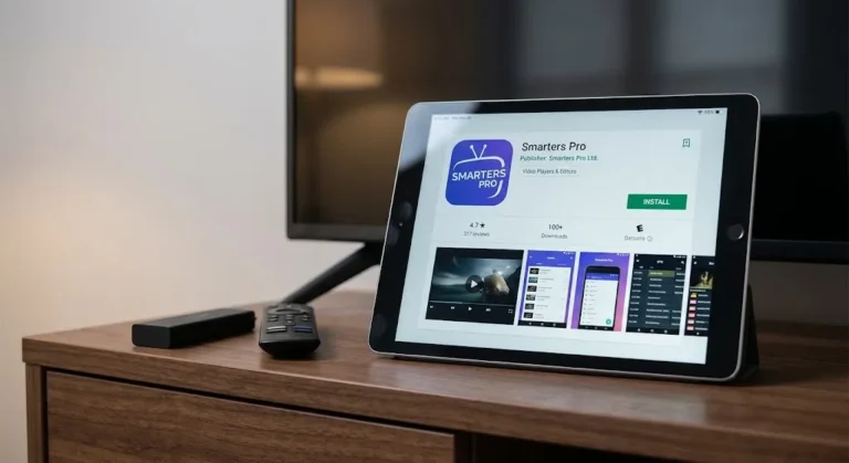 IPTV Smarters Pro app listing with the official Smarters Pro branding shown on a tablet besides a streaming device in Canada