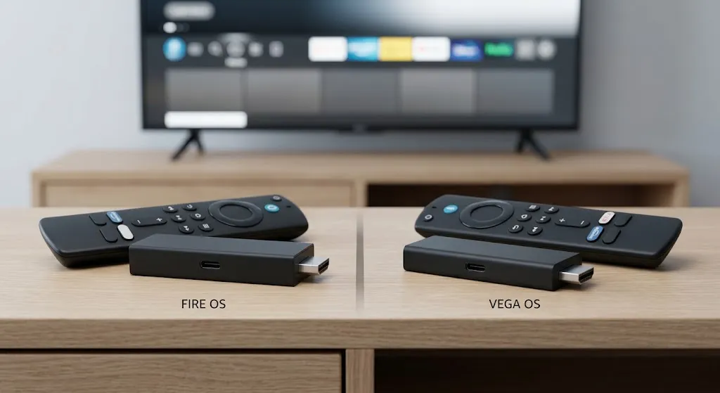 Fire TV streaming devices illustrating the difference between Fire OS and Vega OS compatibility for IPTV Smarters Pro