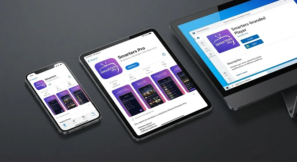 Smarters Pro app shown across phone, tablet and desktop platforms to illustrate differences in app listings and availability