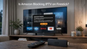 Is Amazon blocking IPTV on Firestick? Amazon Fire TV Stick showing an app-disabled notice on a television