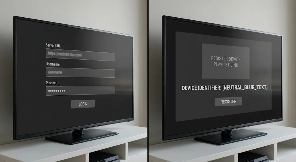 Smart TV IPTV apps showing different Xtream login methods on the same television platform