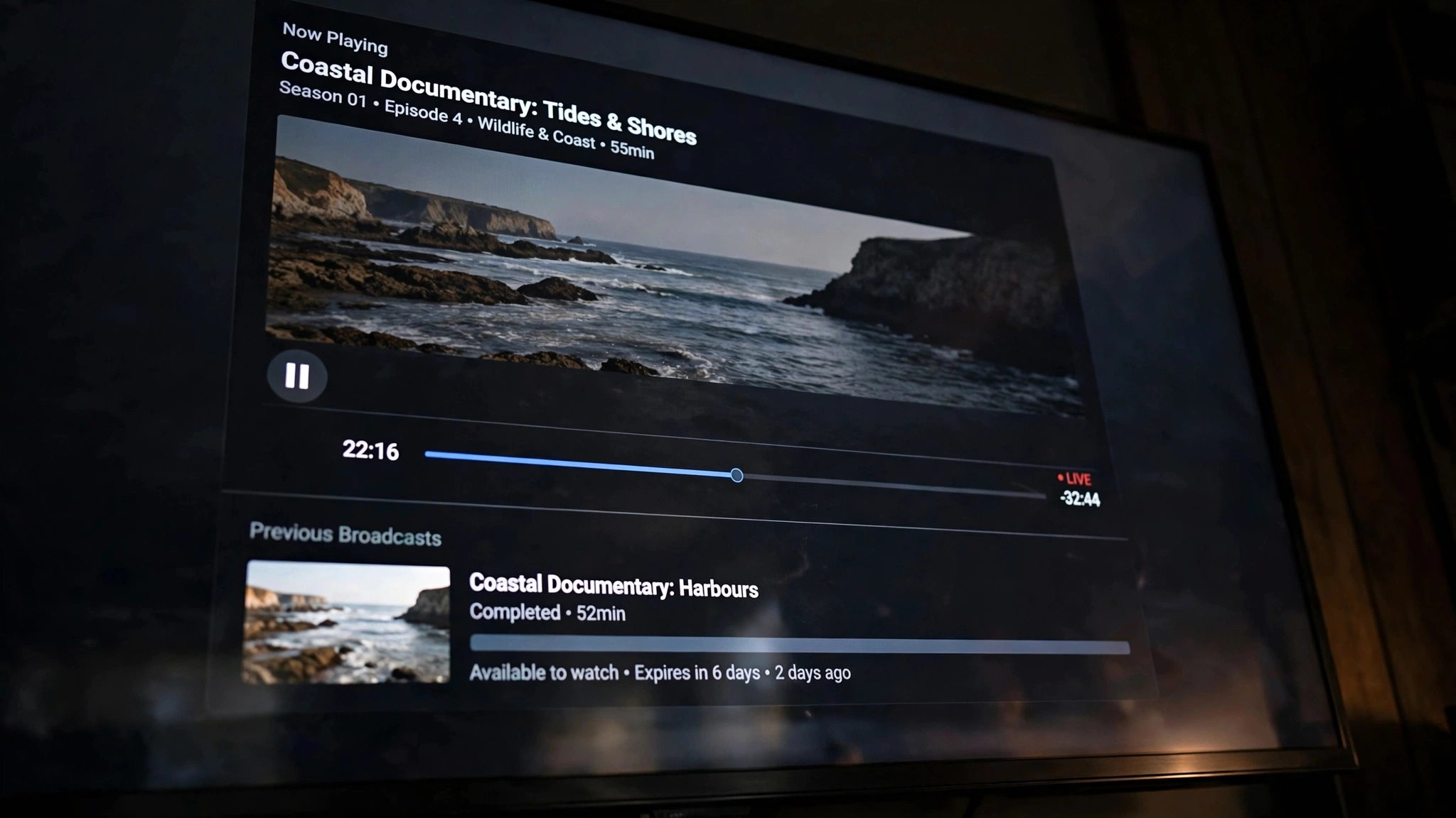 Start-Over vs Catch-Up IPTV showing a current programme and a finished broadcast