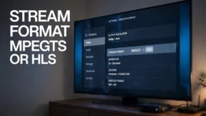 Stream Format MPEGTS or HLS setting shown in an IPTV player's playback options on a television