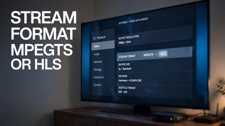 Stream Format MPEGTS or HLS setting shown in an IPTV player's playback options on a television