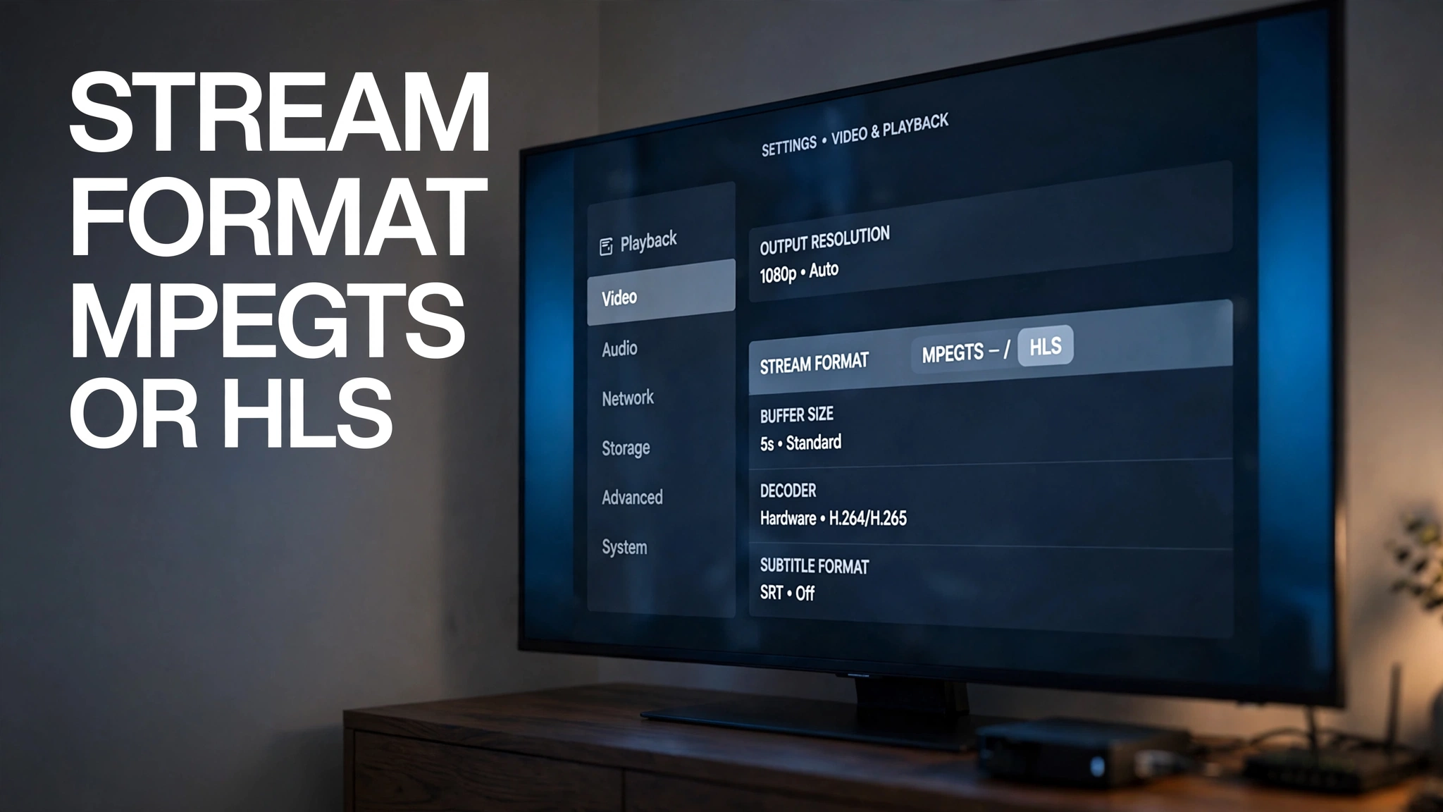 Stream format MPEGTS or HLS setting shown in an IPTV player's playback options on a television