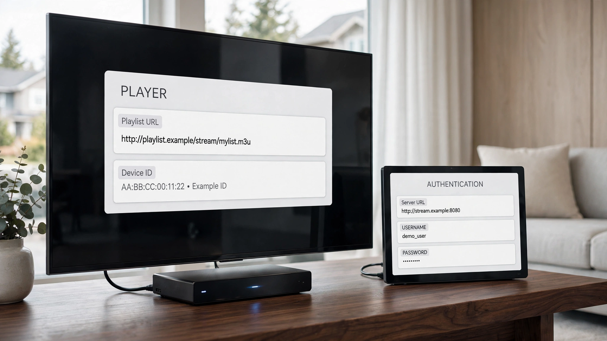 An IPTV player login screen on a smart television beside a streaming device showing a different login layout