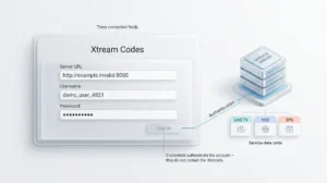 What are Xtream Codes showing HTTP server URL username and password as three separate IPTV connection fields