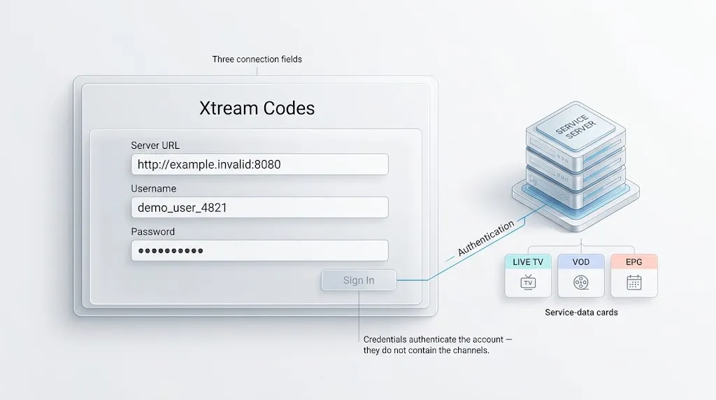 What are Xtream Codes showing HTTP server URL username and password as three separate IPTV connection fields