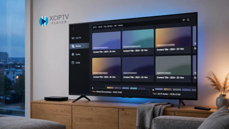 XCIPTV PLAYER official logo beside a generic IPTV player interface on a television in Canada