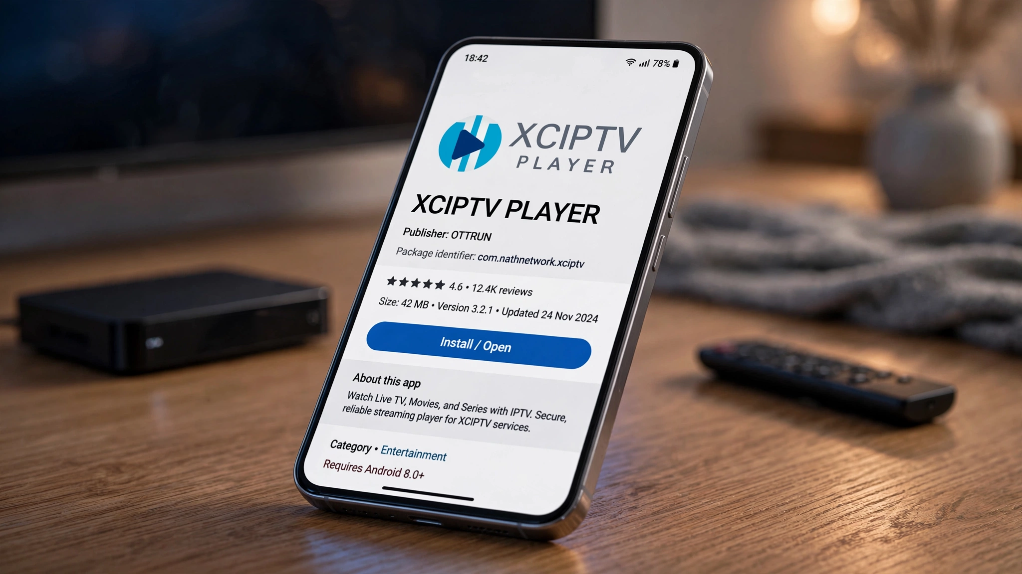 XCIPTV PLAYER official logo and publisher details shown on a smartphone app listing