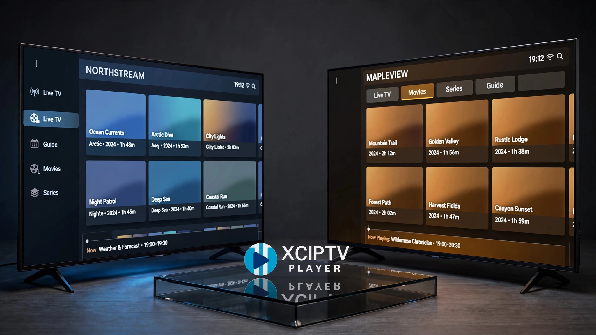XCIPTV PLAYER logo with different provider-branded IPTV interfaces illustrating white-label software