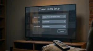 Xtream Codes Setup screen showing server URL username and password fields on a TV