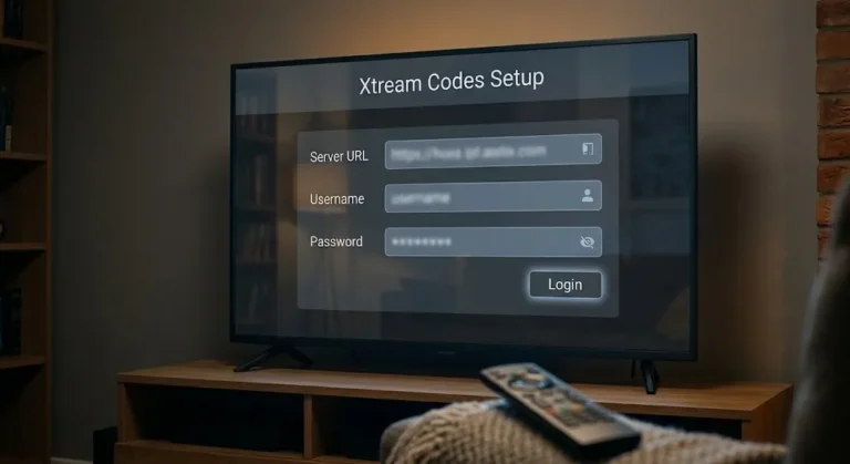 Xtream Codes Setup screen showing server URL username and password fields on a TV