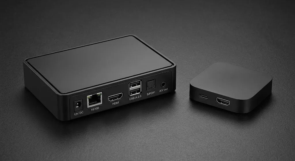 MAG box IPTV hardware compared with an Android TV streaming device