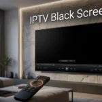 IPTV black screen on a television with the player interface visible and no picture on the selected channel