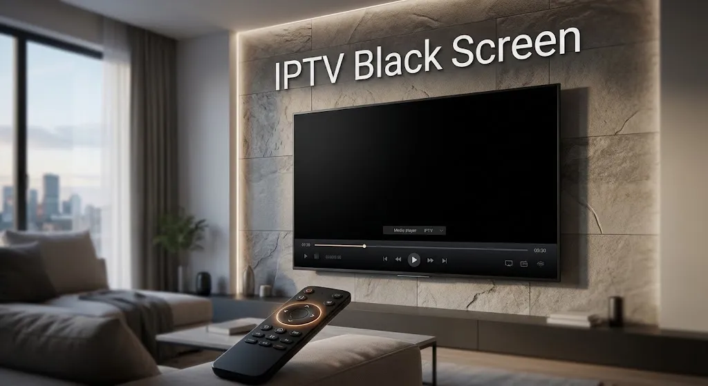 IPTV black screen on a television with the player interface visible and no picture on the selected channel