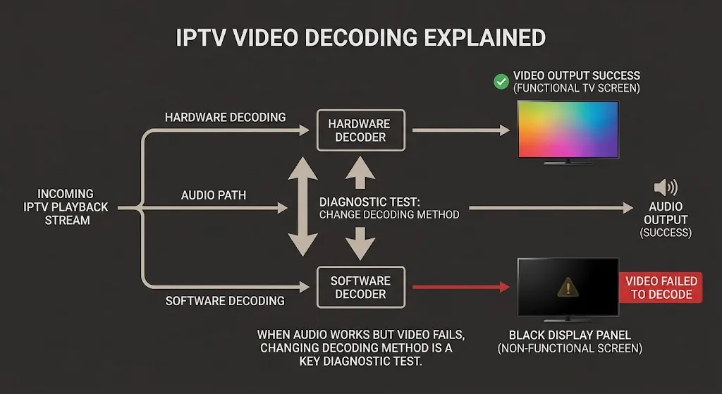 IPTV hardware and software decoding compared showing where a black screen with audio can originate