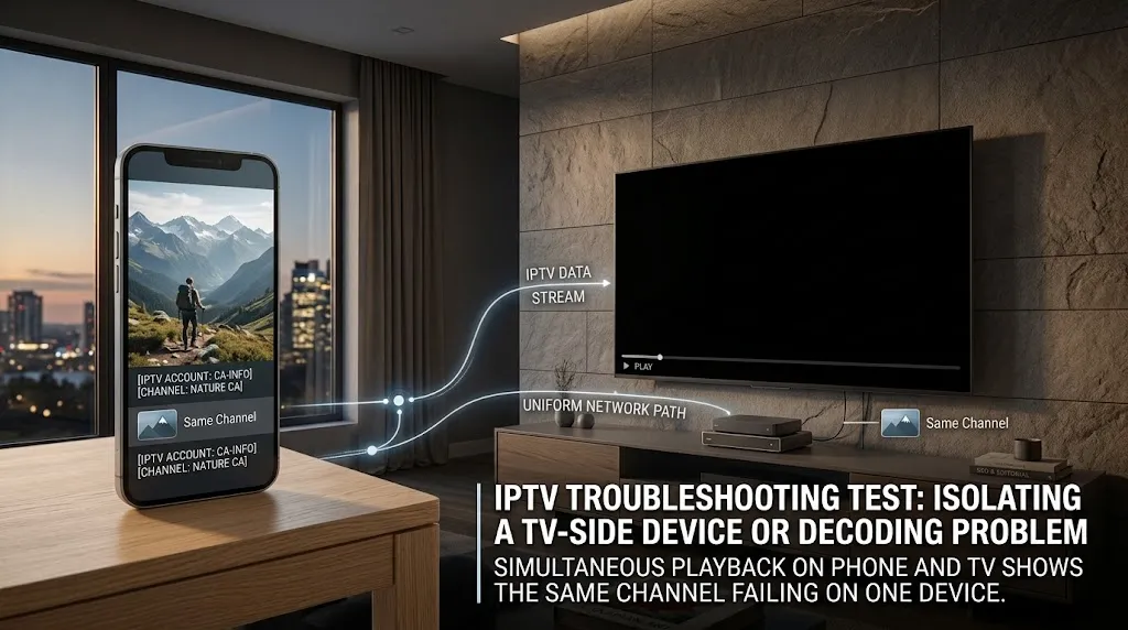 Same IPTV channel tested on a phone and television to isolate an IPTV black screen fault